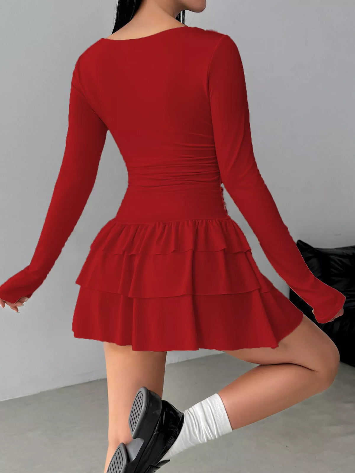 Red layered ruffle mini dress, back view