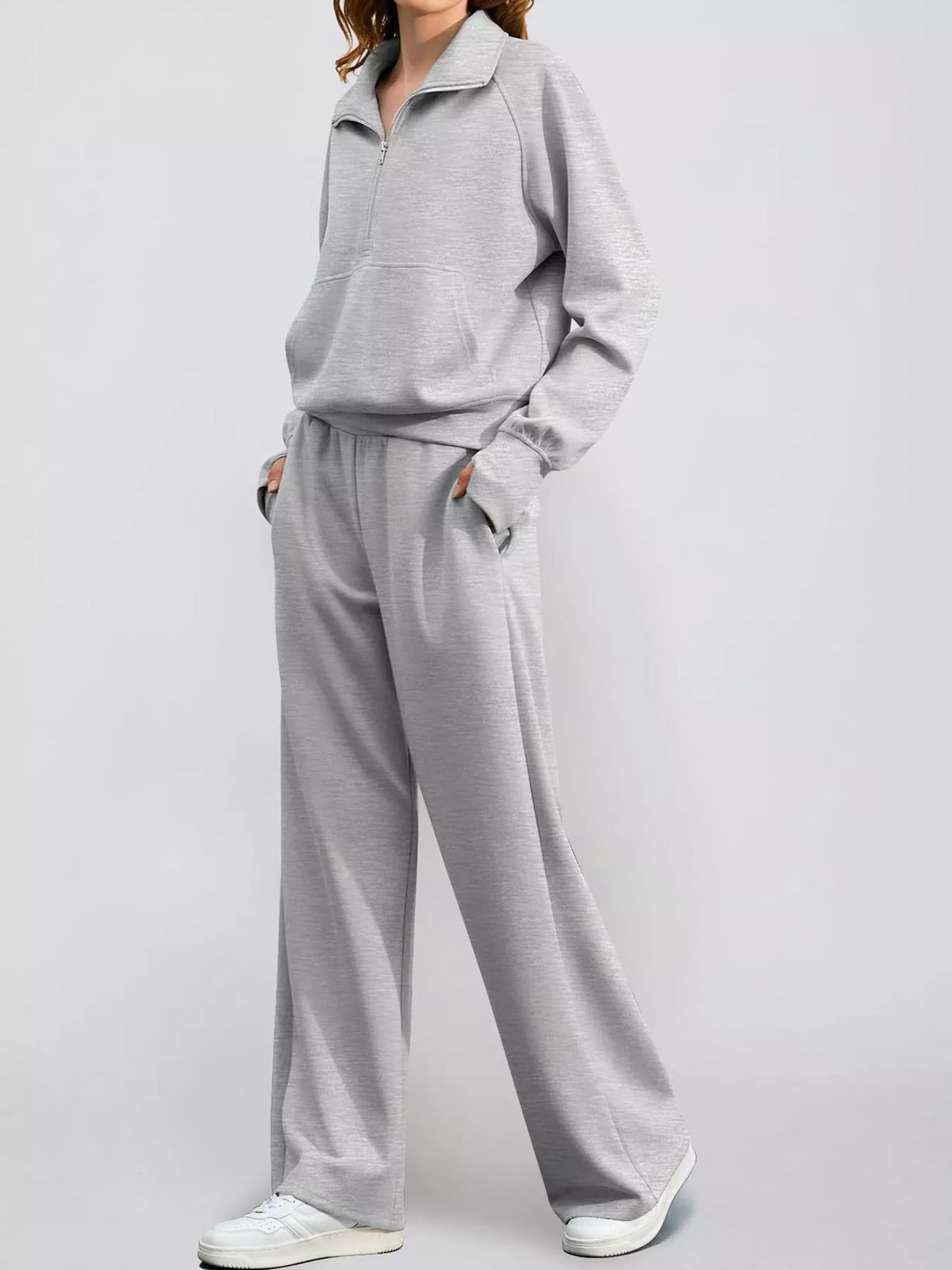 Half-zip top and pants set, light gray angled front