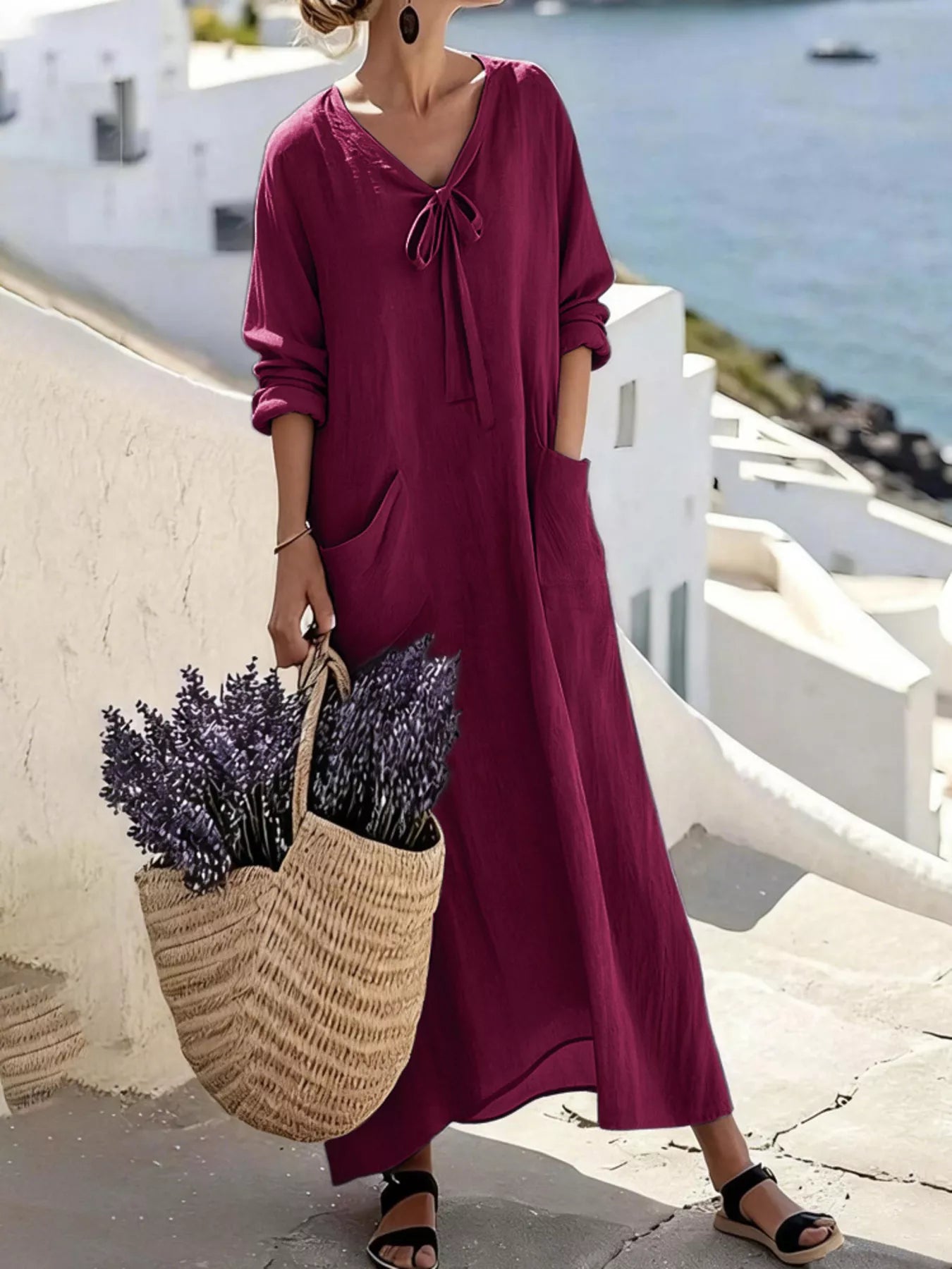 Trendsi Full Size Long Sleeve Loose Maxi Dress with Pockets Plus Size -