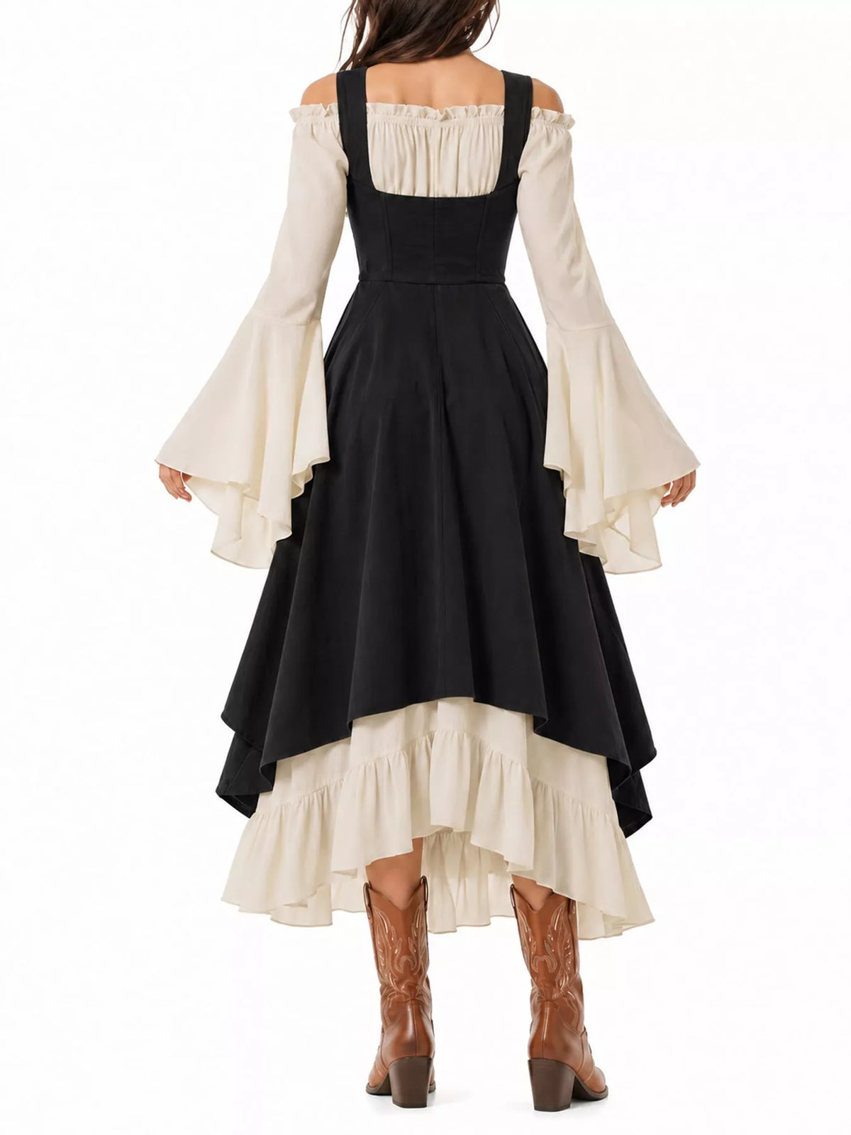 Black corset style lace-up bell sleeve dress — back view