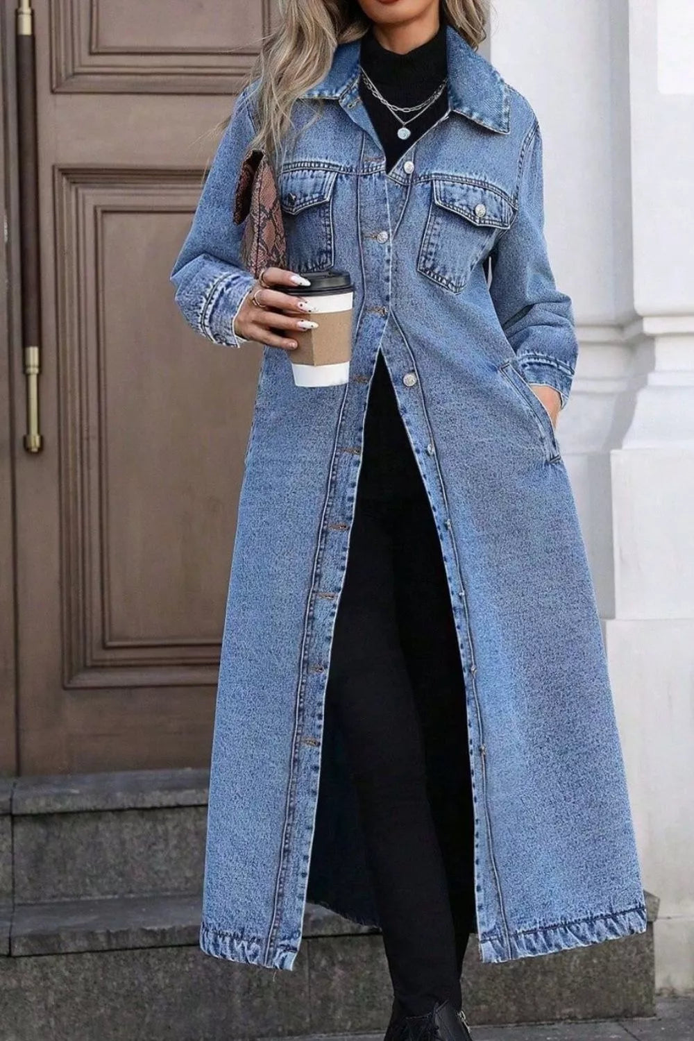 Trendsi Longline Button-Front Denim Jacket -
