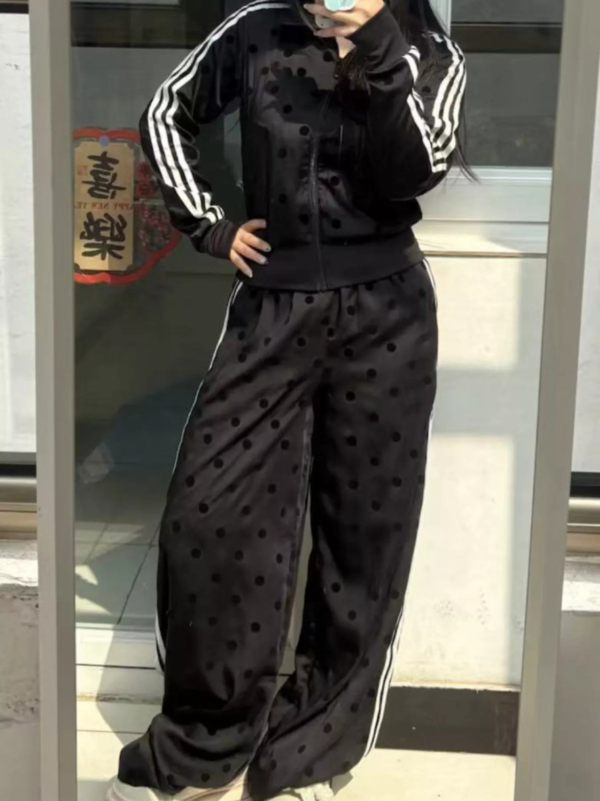 Trendsi Polka Dot Side Striped Outerwear and Pants Set -