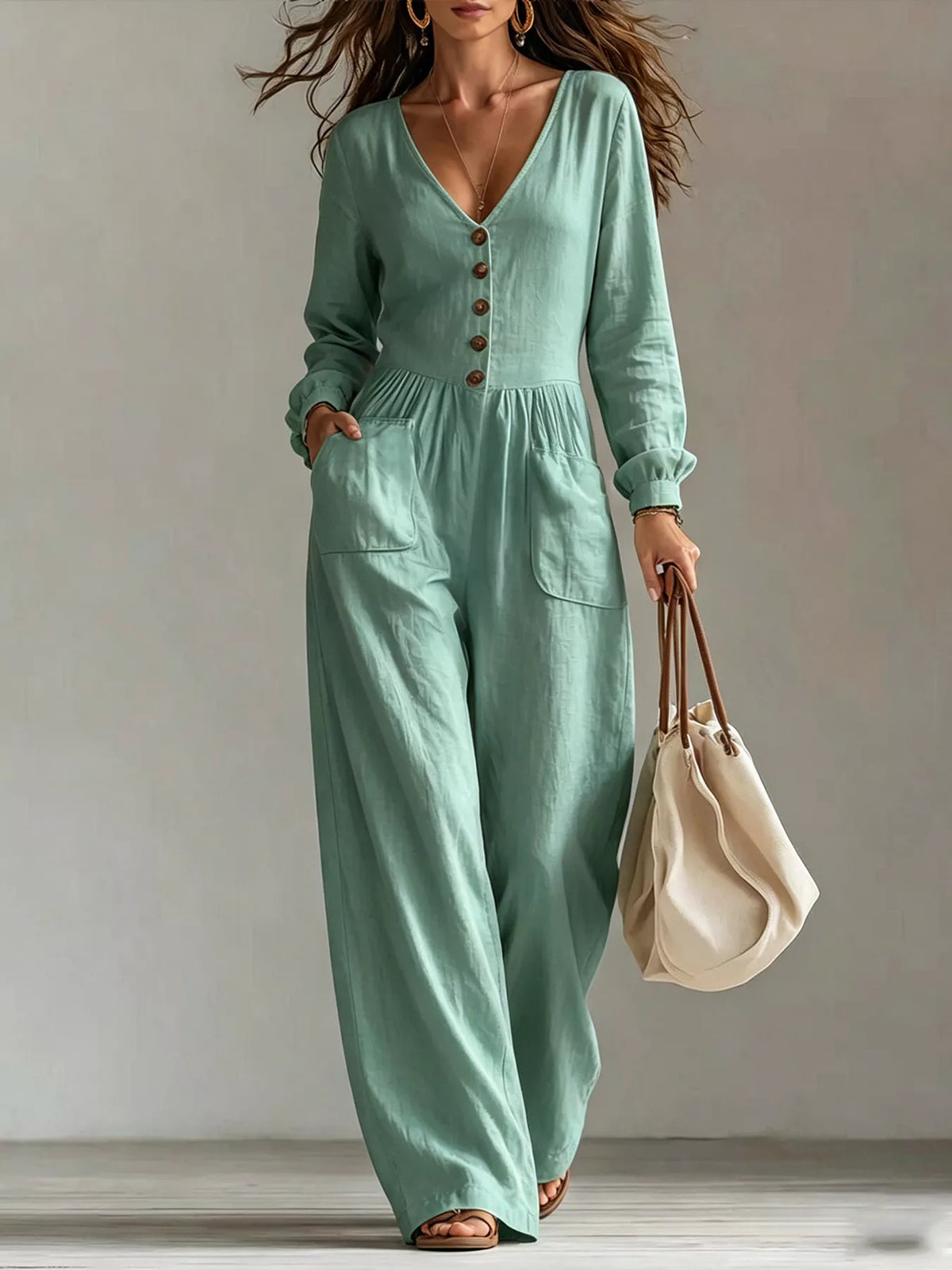 Trendsi V-Neck Long Sleeve Button Front Wide-Leg Jumpsuit -