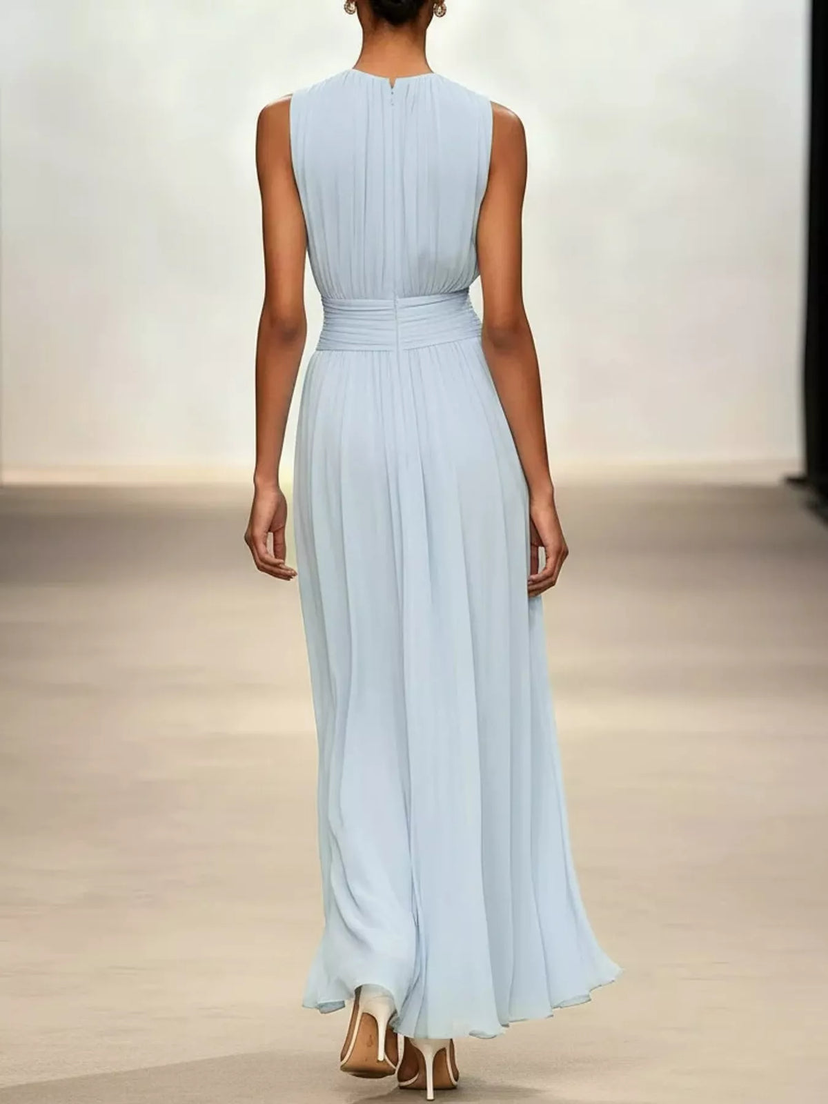 Light blue sleeveless ruched chiffon maxi dress, back view