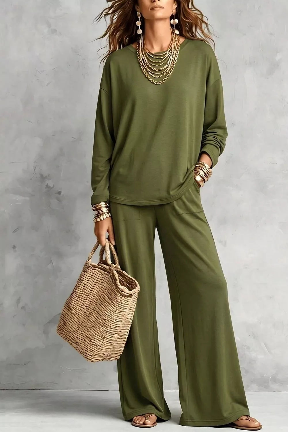 Trendsi Long Sleeve Top and Wide-Leg Pants Set -