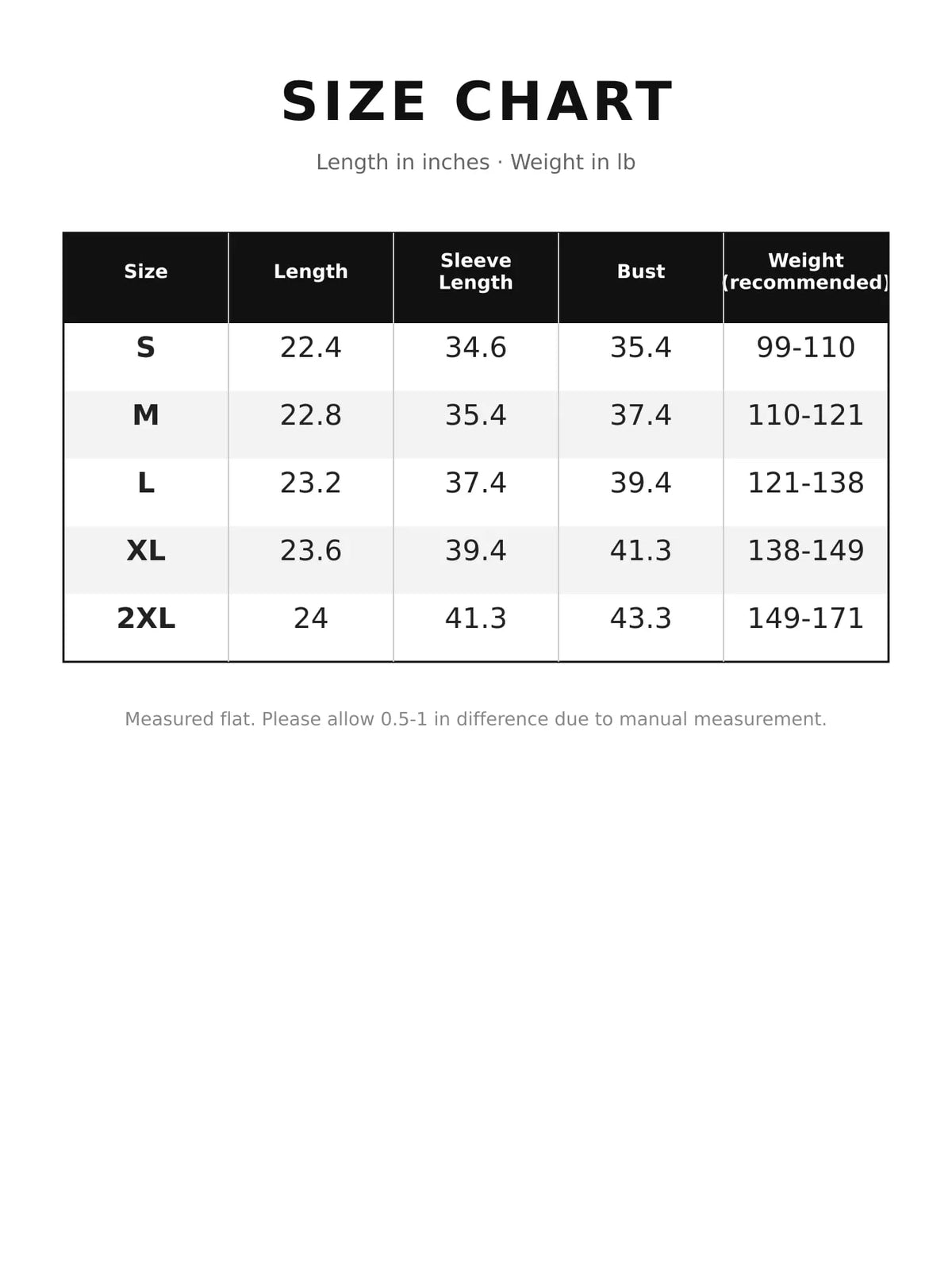 Round neck long sleeve cardigan, size and measurement chart