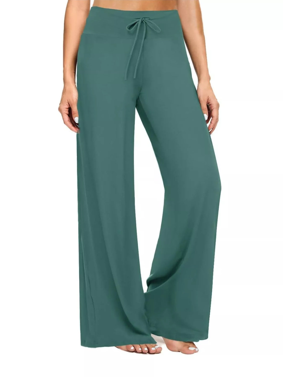 Teal drawstring wide-leg pants — front view