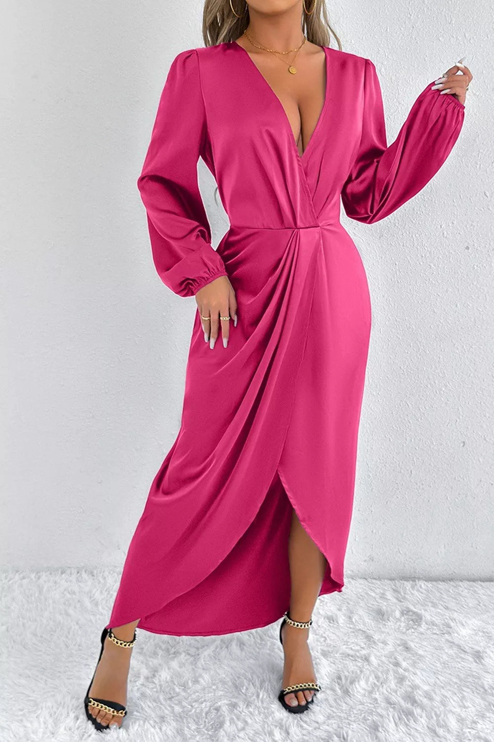 Trendsi Satin Balloon Sleeve Midi Dress -