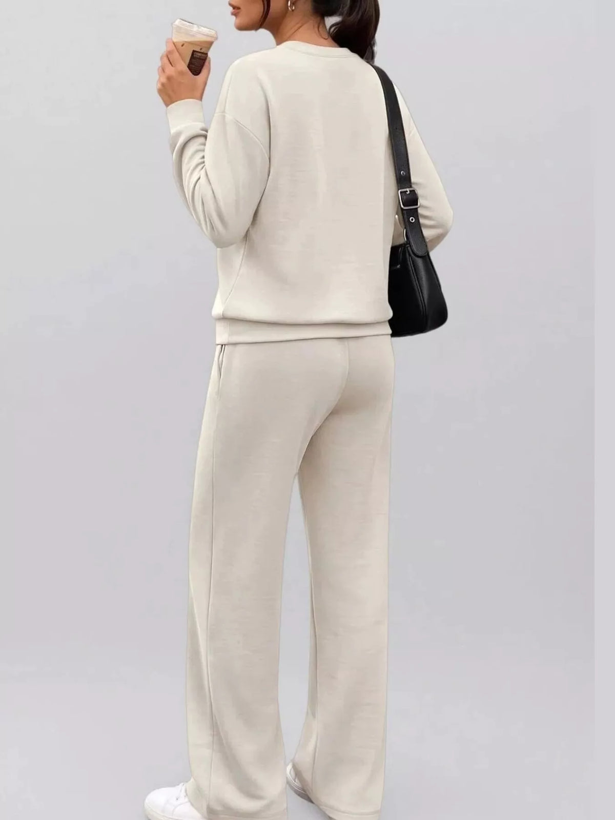 Beige button detail top and wide-leg pants set — back view