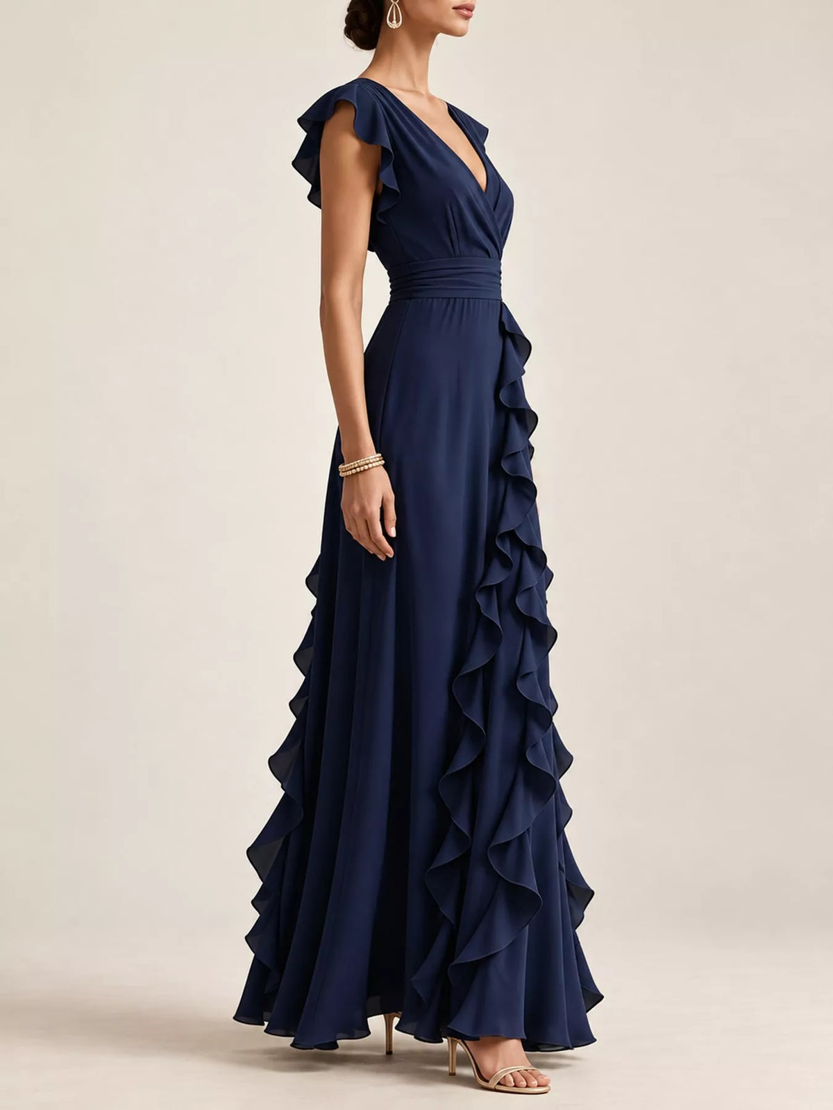 Navy ruffled surplice maxi dress, side view
