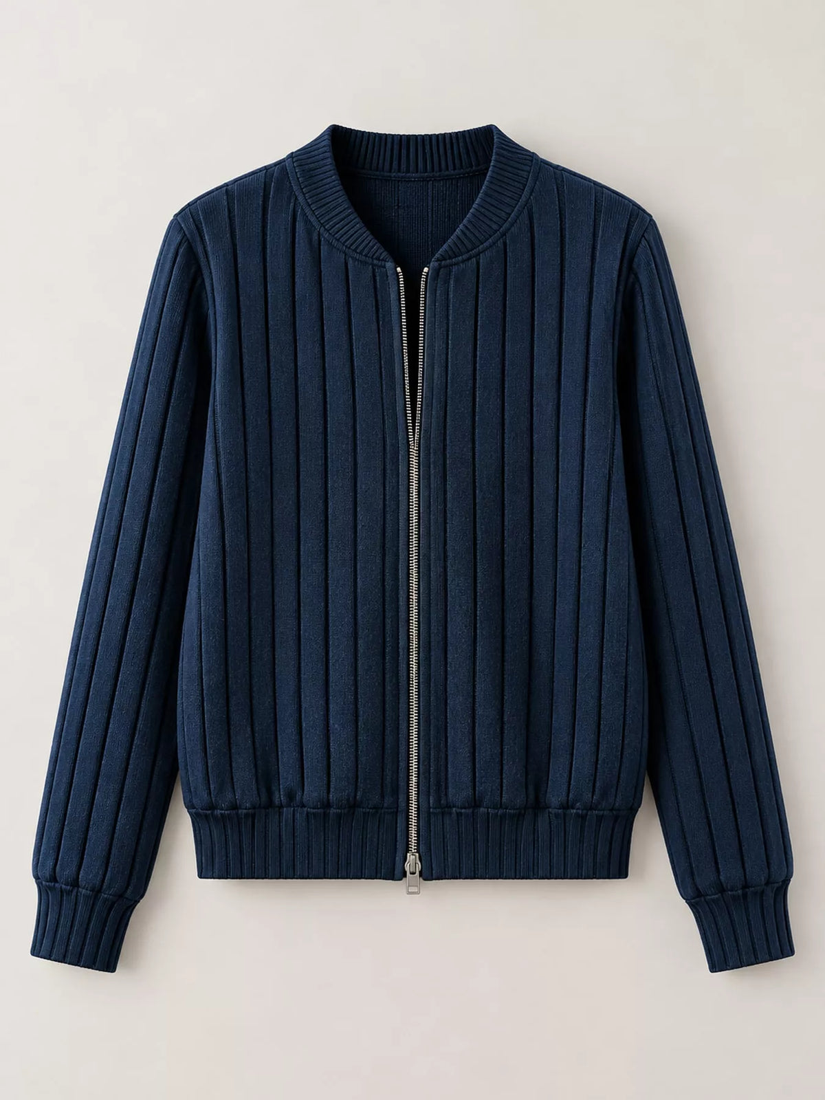Ribbed Knit Zip-Up Bomber Jacket — garment front