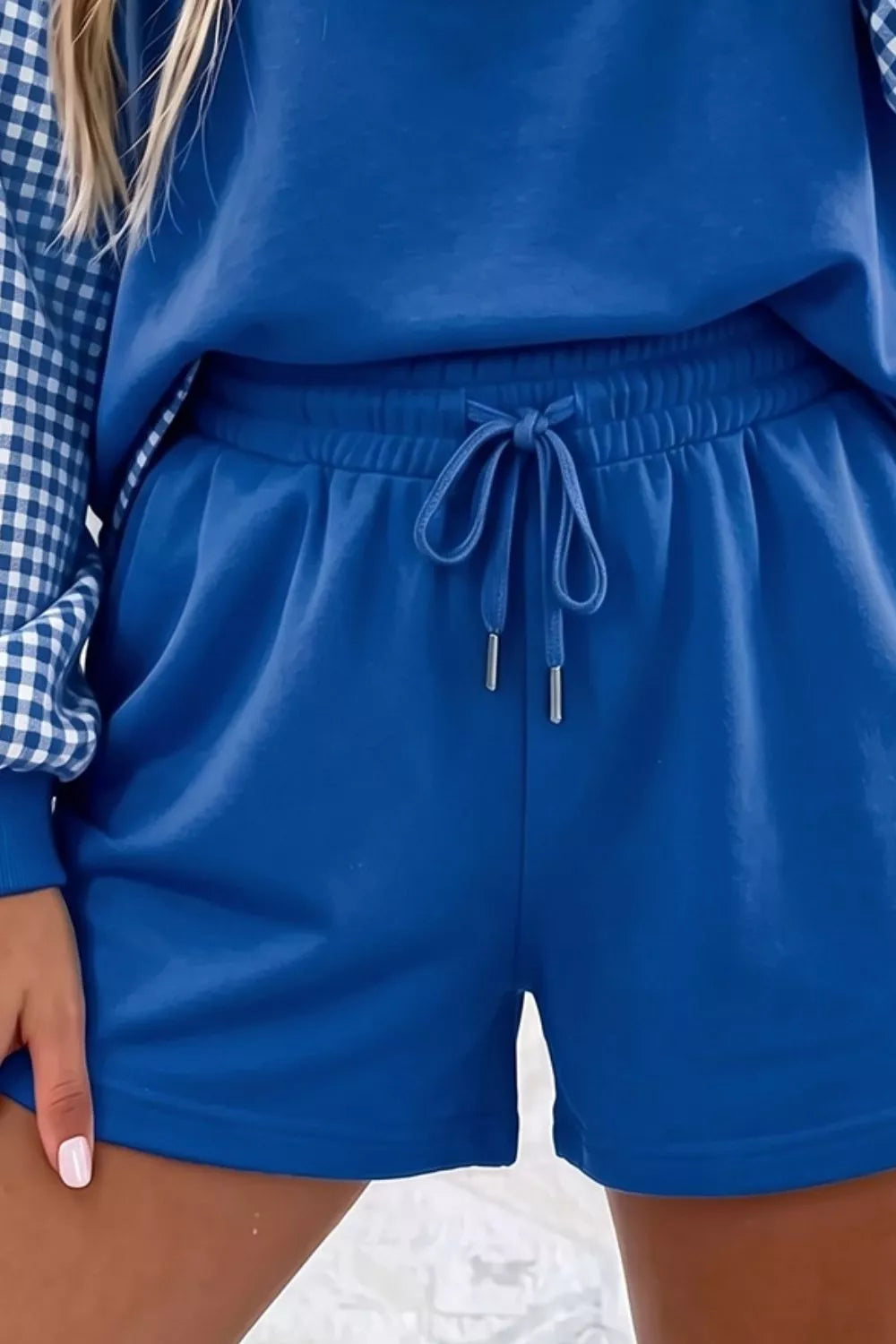 Trendsi Gingham Patchwork Long Sleeve Sweatshirt and Shorts Set -