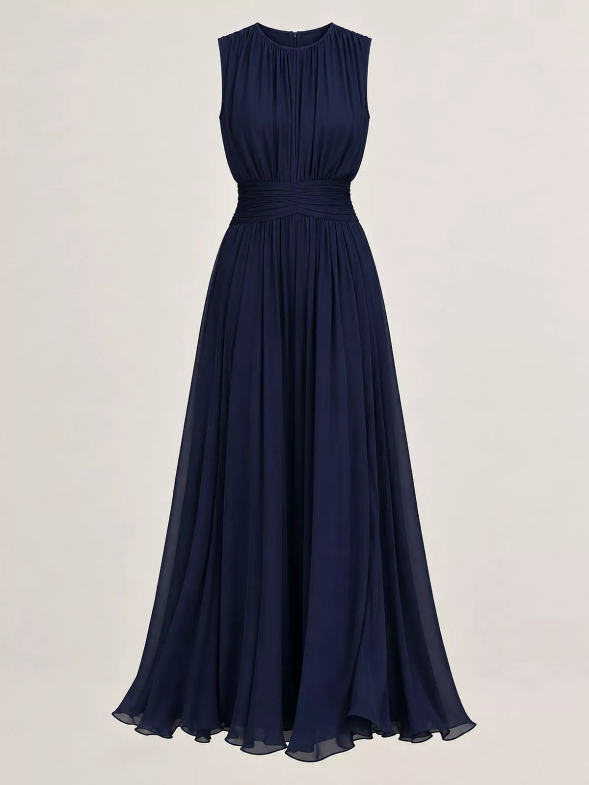 Navy sleeveless ruched chiffon maxi dress, front view