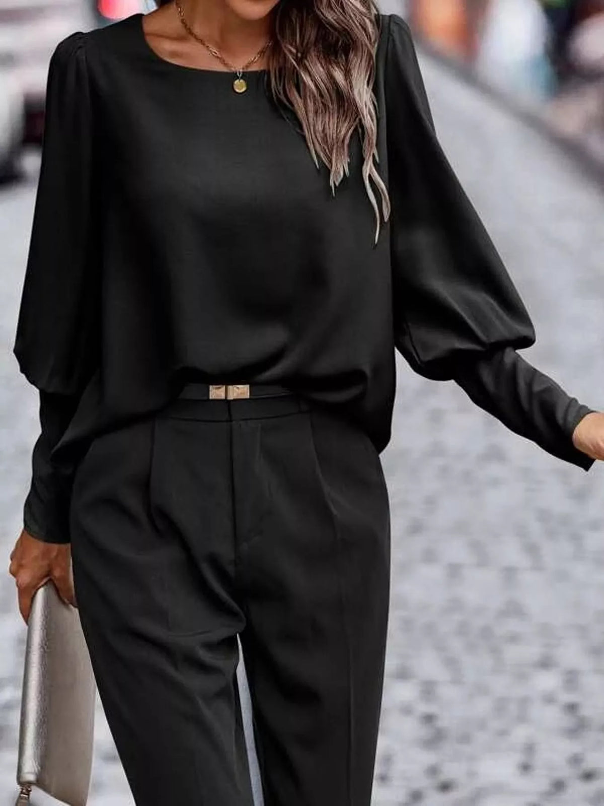 Decorative Button Lantern Sleeve Blouse — front view