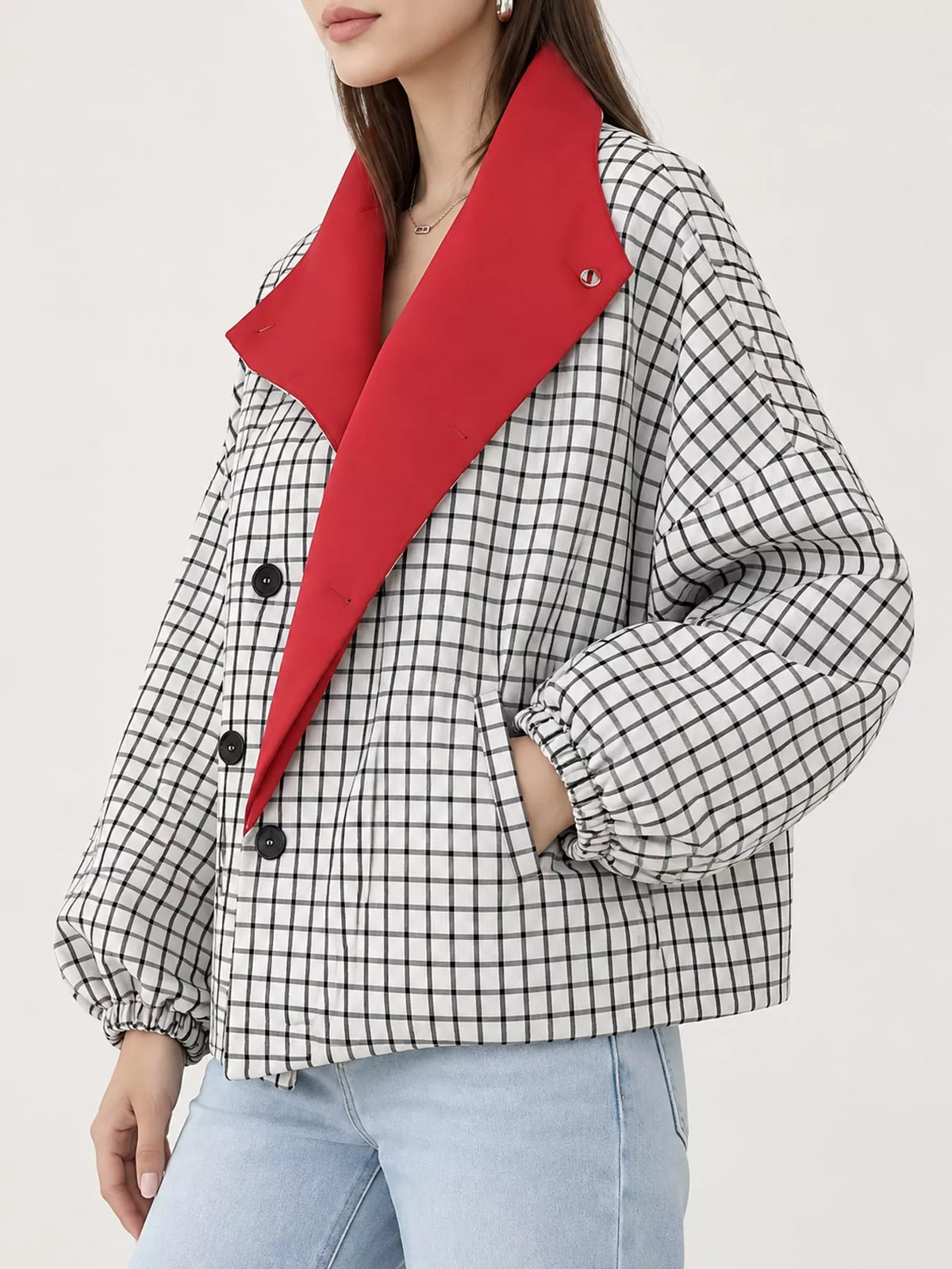 White and black check contrast lapel plaid jacket — side view