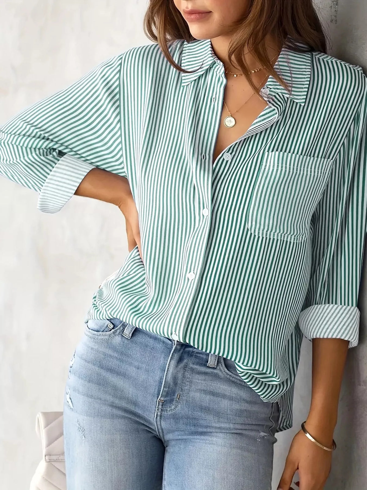 Striped long shirt, green front