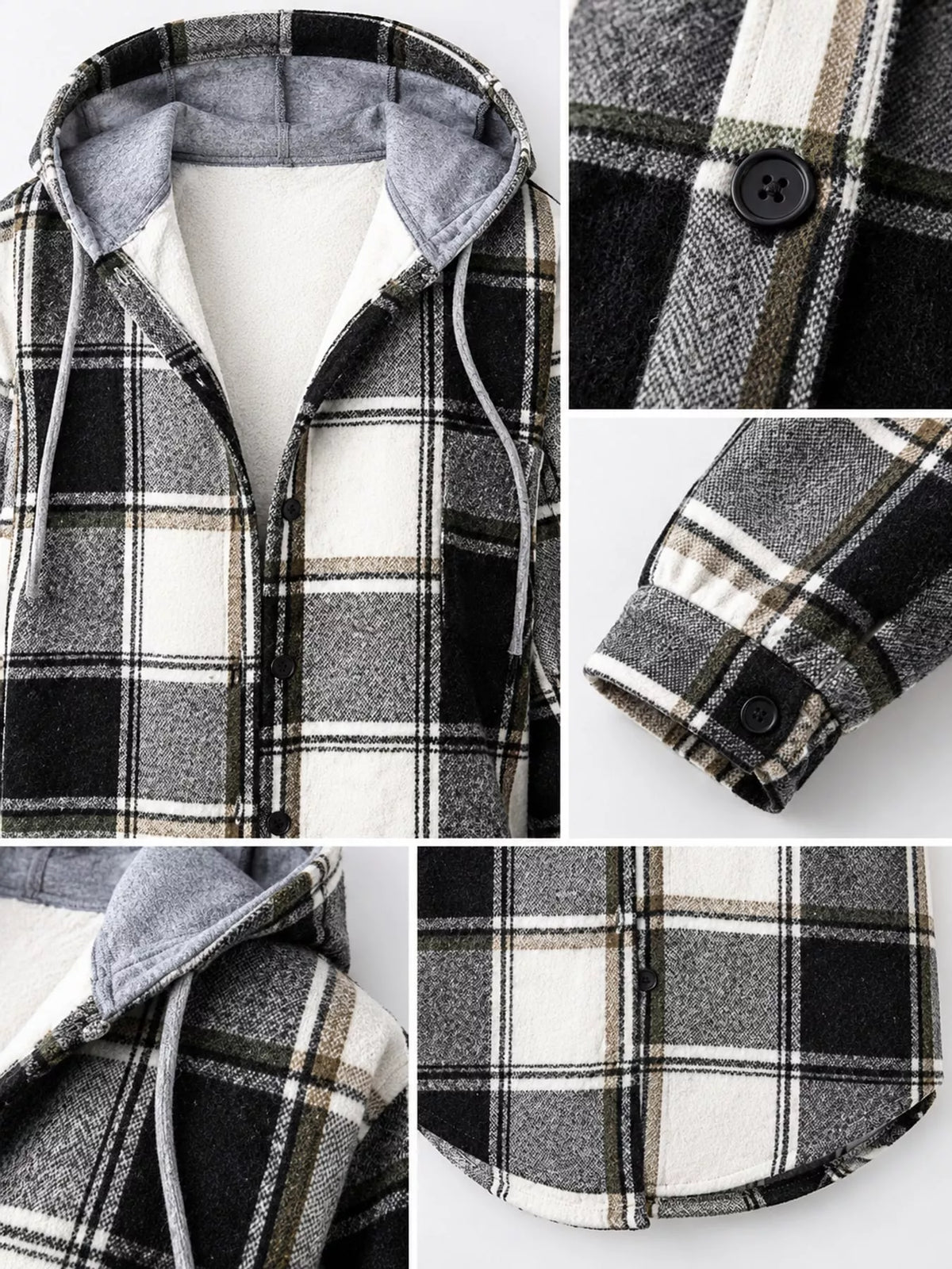 Button-Down Printed Contrast Hooded Shacket — garment construction details