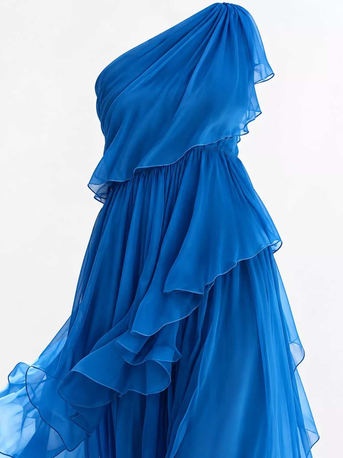 Women's One-Shoulder Ruffled Chiffon Maxi Dress in blue — bodice detail view