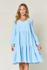 Trendsi Double Take Full Size V-Neck Balloon Sleeve Tiered Dress with Pockets -