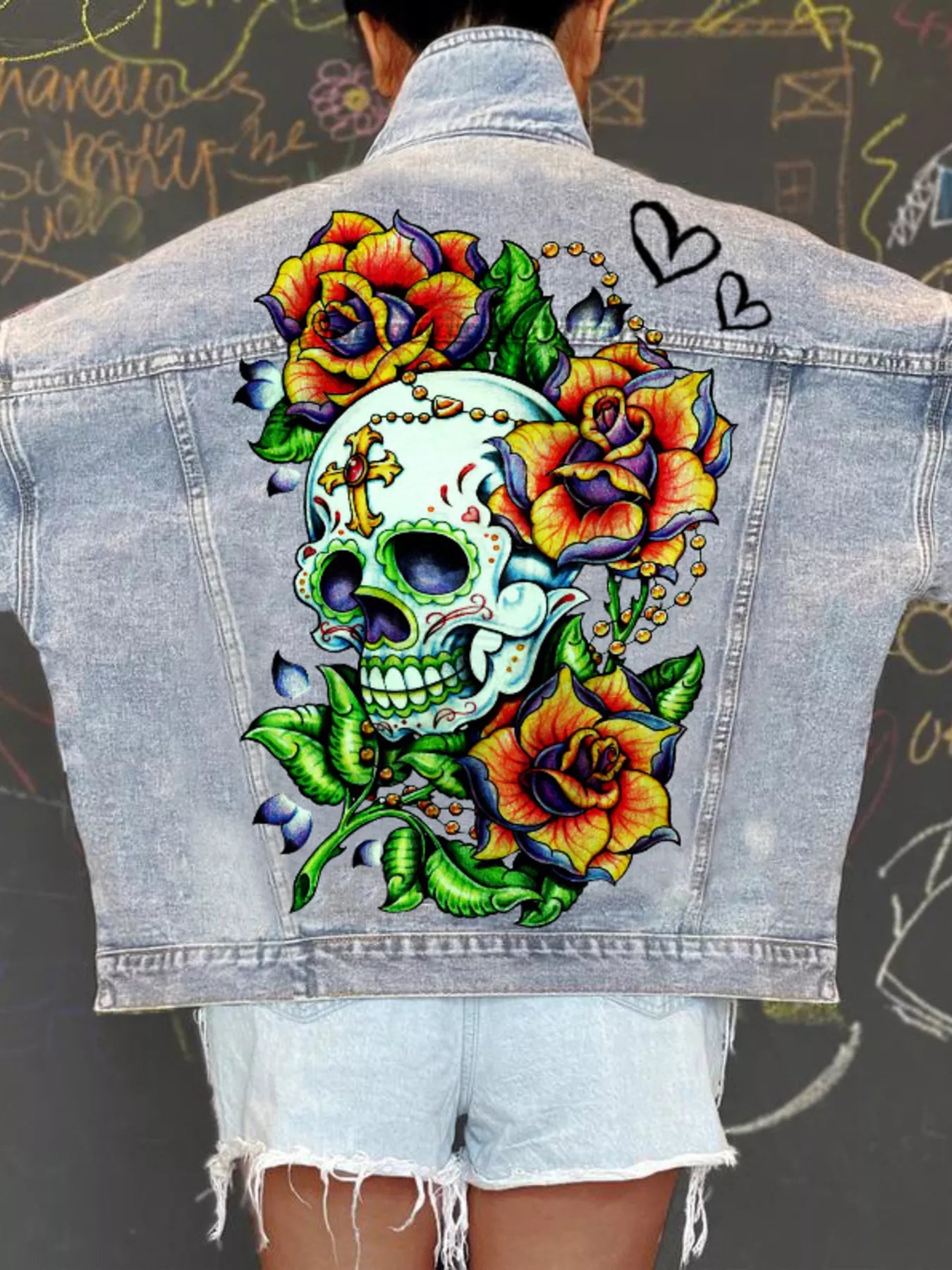 Trendsi Full Size Skull Graphic Button Up Denim Jacket Plus Size -