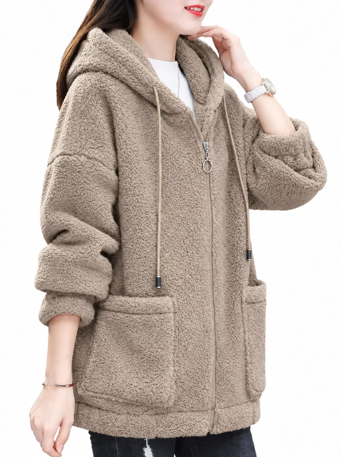 Khaki fleece zip-up hoodie with pockets