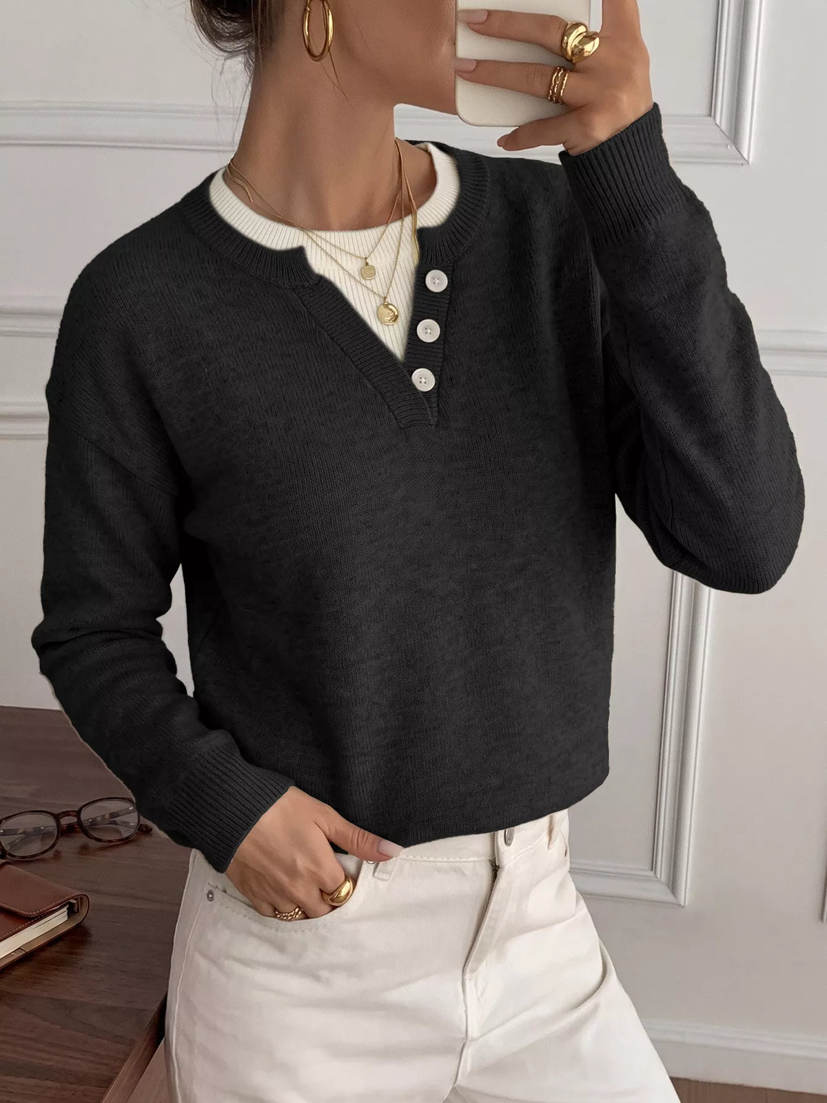 Trendsi Decor Button-Placket Ribbed Knit Sweater -