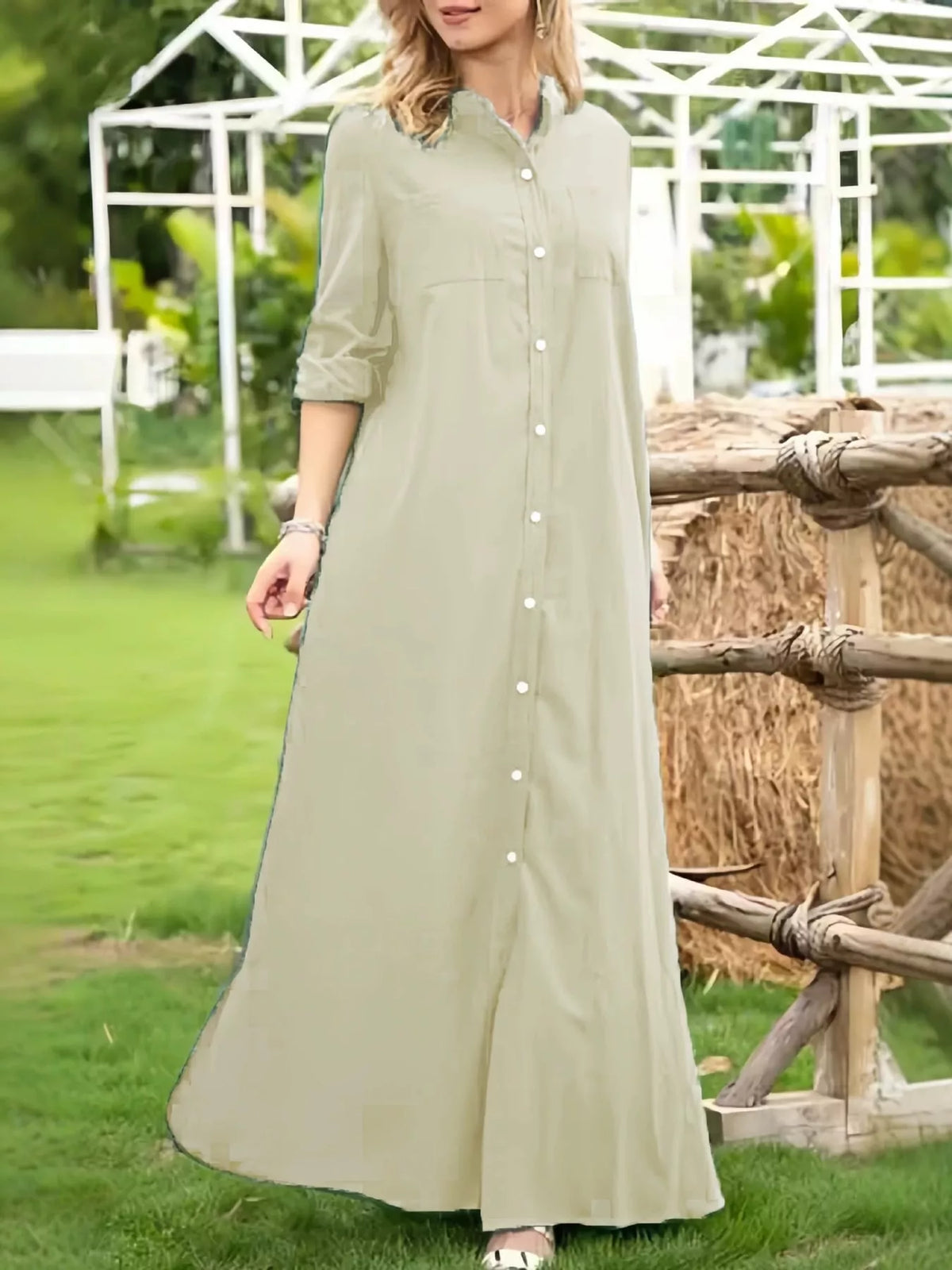 Mandarin neck long sleeve maxi dress, front view on model