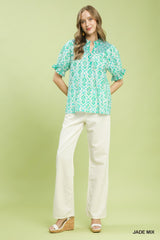 Trendsi Umgee Mix Boho Puff Sleeve Smocked Top -