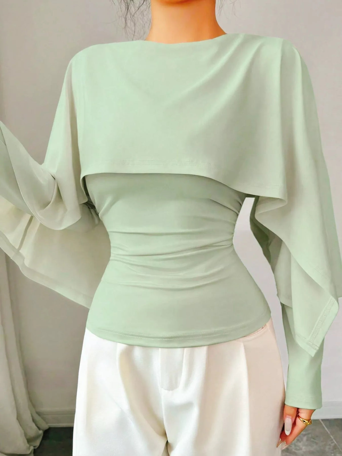 Layered Cape-Style Blouse with Slim-Fit Bodice — front view
