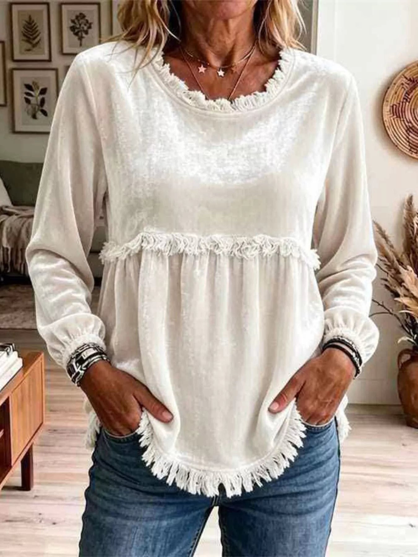 Trendsi Fringed Hem Long Sleeve T-Shirt -