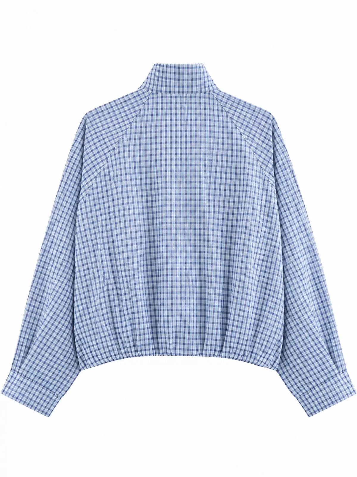 Sky Blue plaid stand-collar cropped jacket, back view