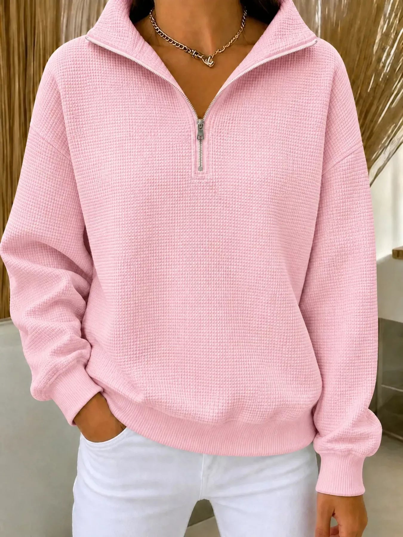 Trendsi Full Size Waffle Knit Quarter-Zip Sweatshirt Plus Size -