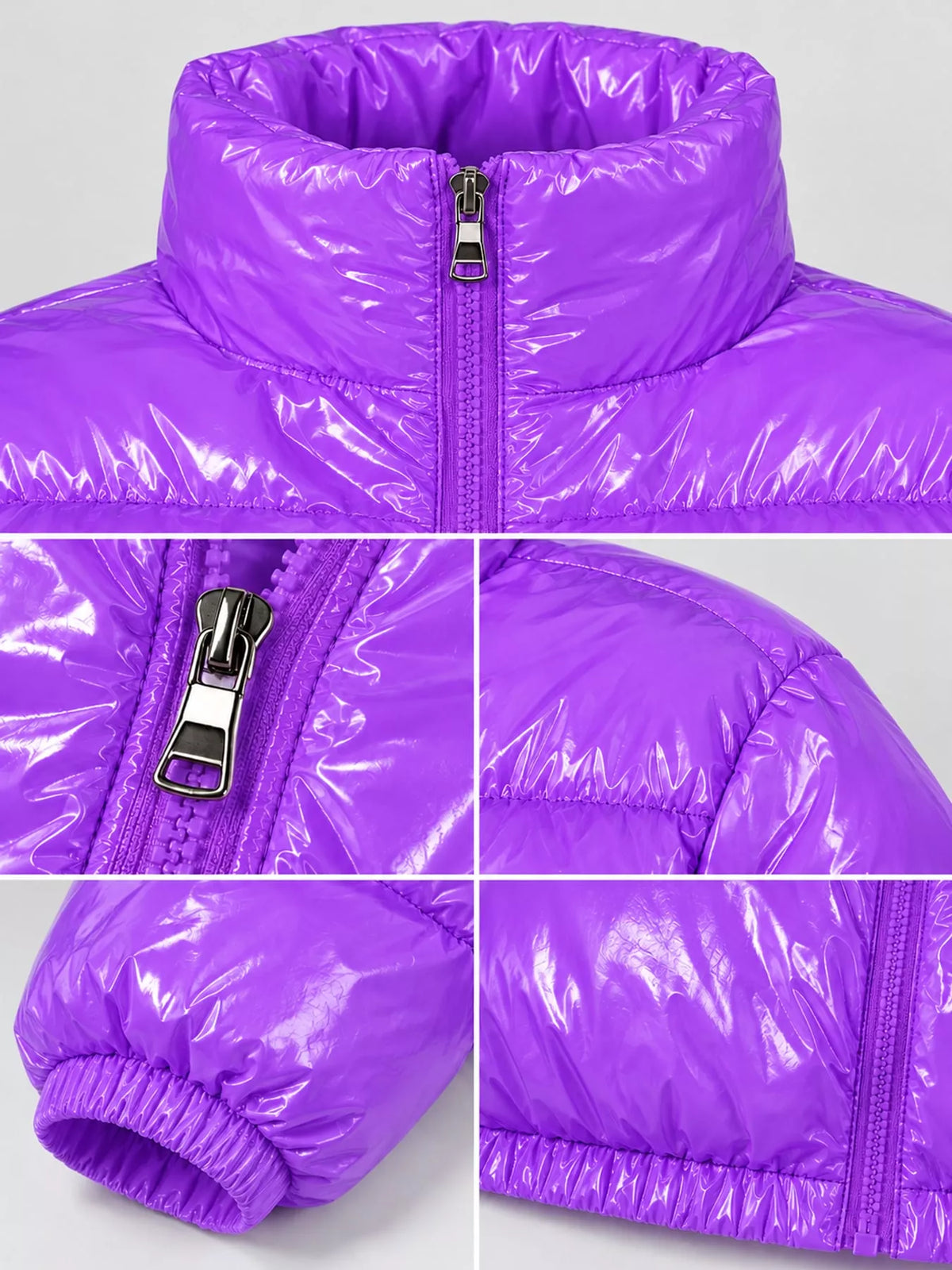 Glossy Stand-Collar Zip-Up Puffer Jacket — garment construction details