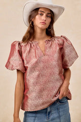 Trendsi BiBi Jacquard Woven Short Balloon Sleeves V Neck Top -
