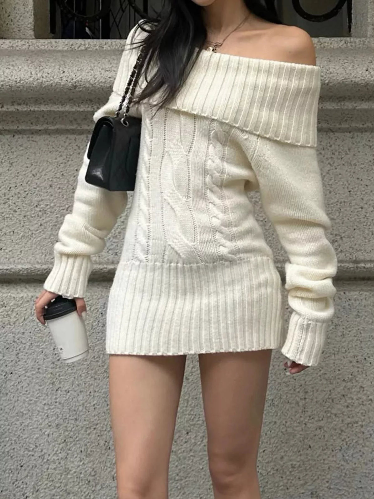 Off-Shoulder Cable Knit Sweater Dress in white, front view
