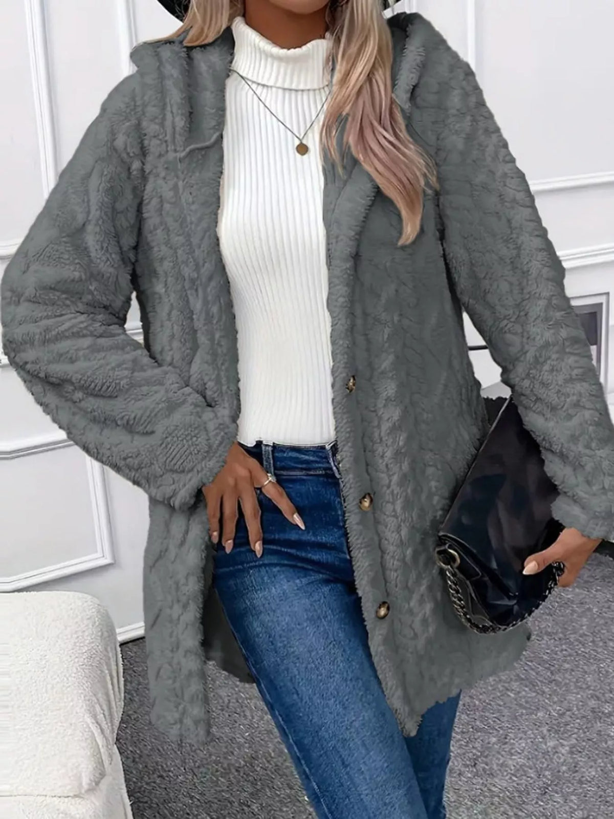 Gray cable knit faux fur hooded jacket