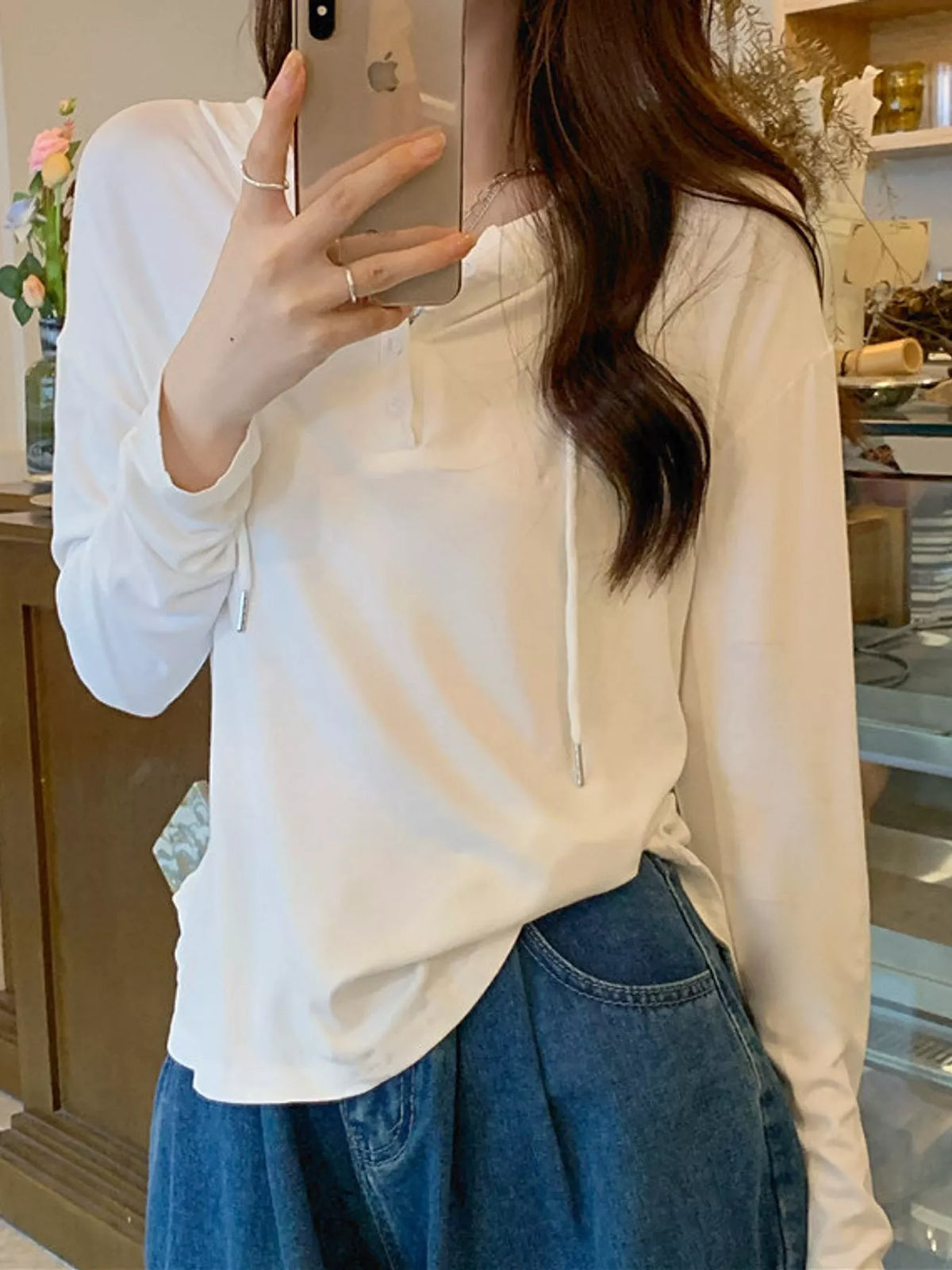 Long-Sleeve Hooded Henley T-Shirt — front view