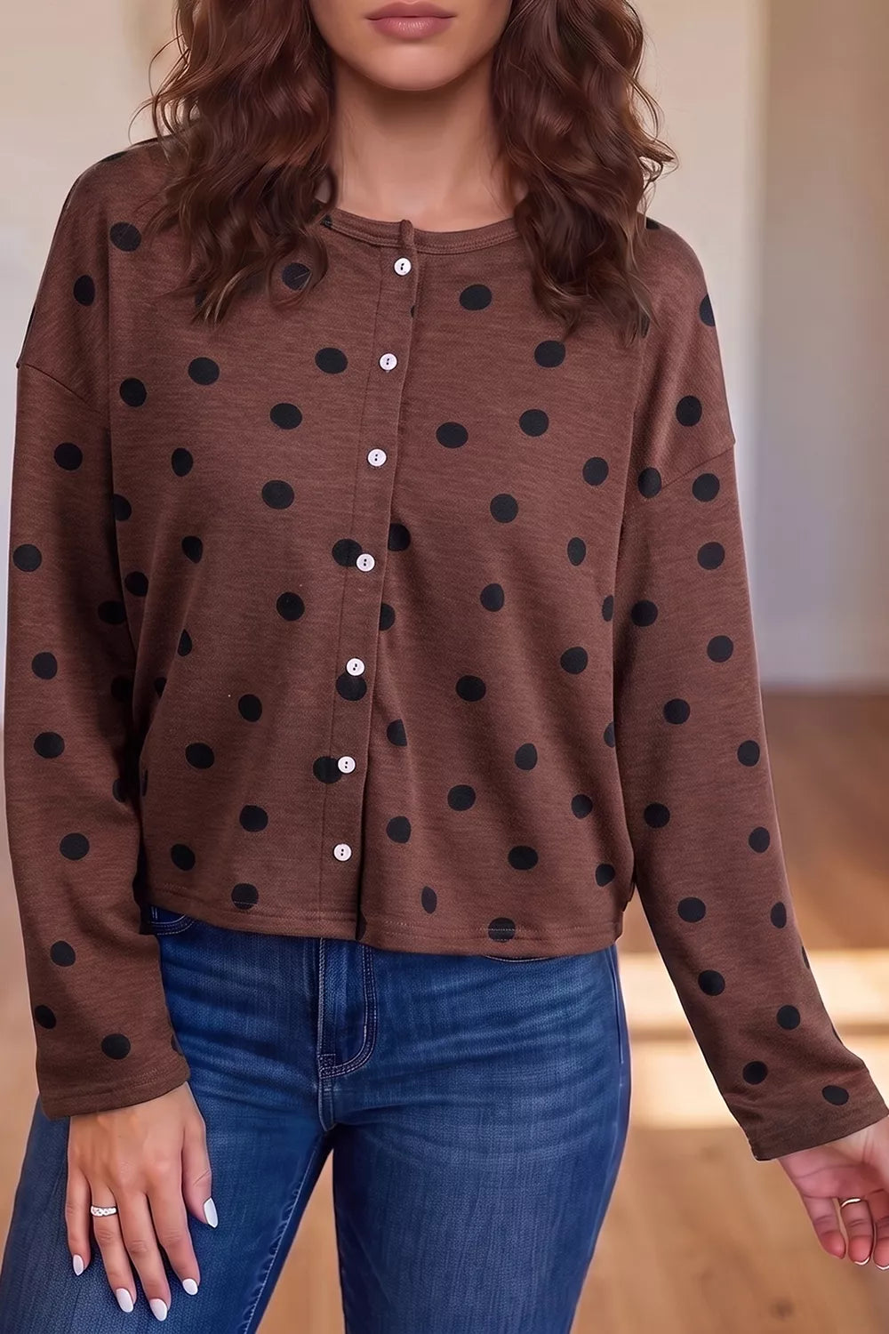 Polka Dot Button Front Long Sleeve Shirt in brown, front view