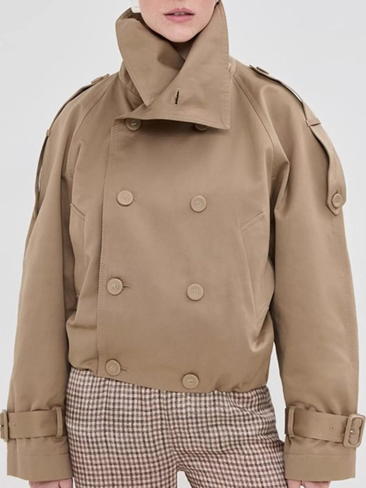 Women's Double-Breasted Cropped Trench Jacket in camel — front view