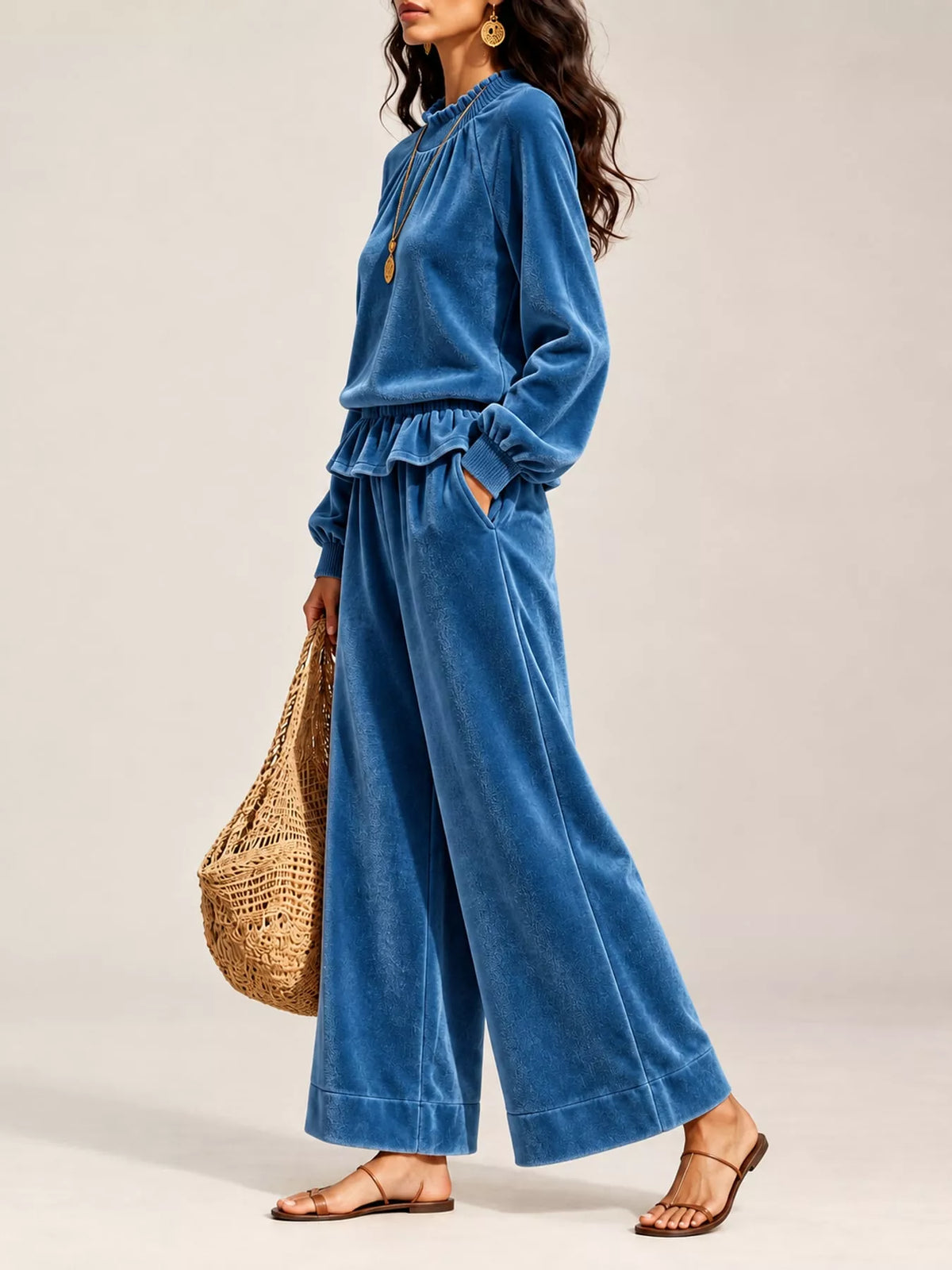 Blue velvet ruffled hem top and wide-leg pants set — side view