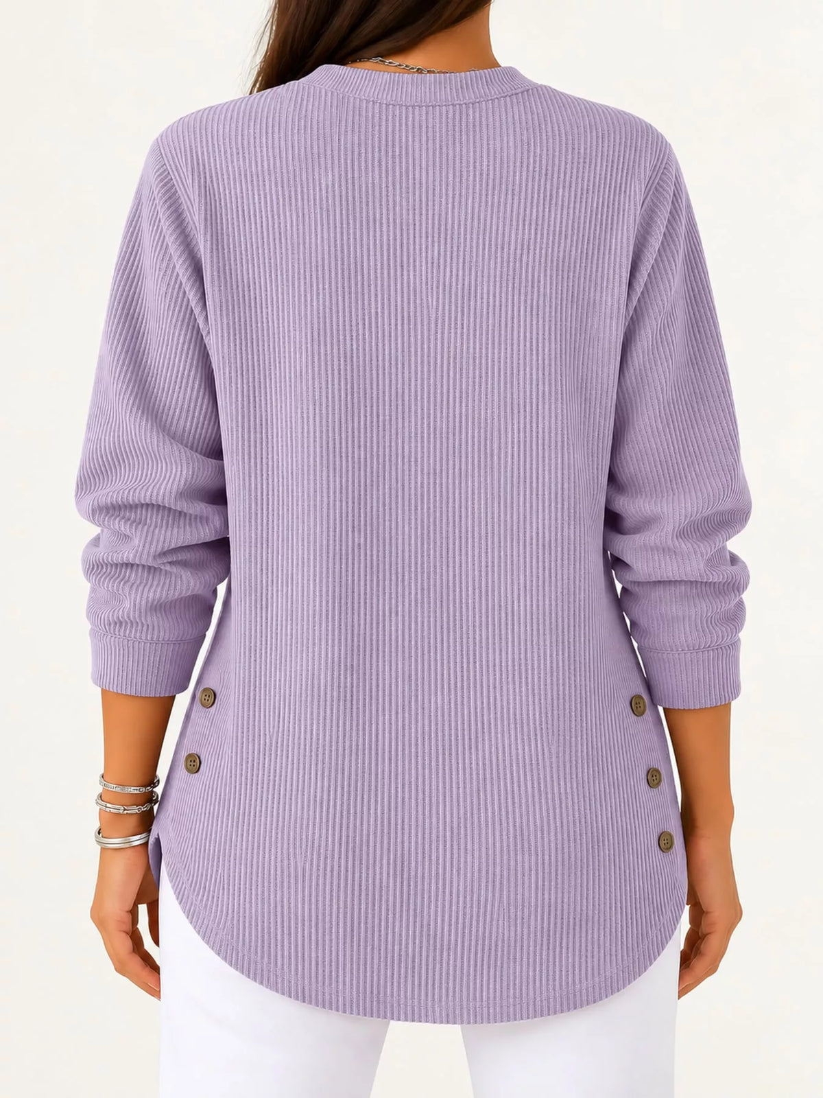 Purple button detail long sleeve top, back view