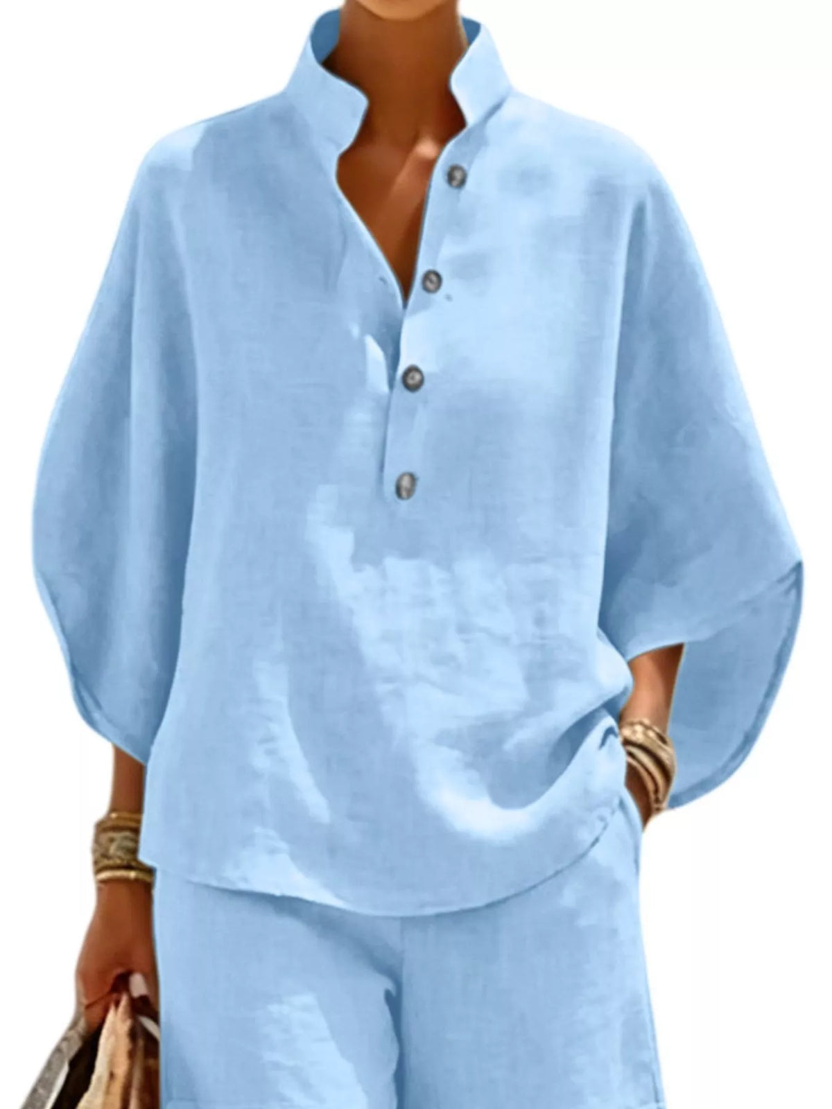 Button Detail Loose Fit Top and Shorts Set in light blue, top detail