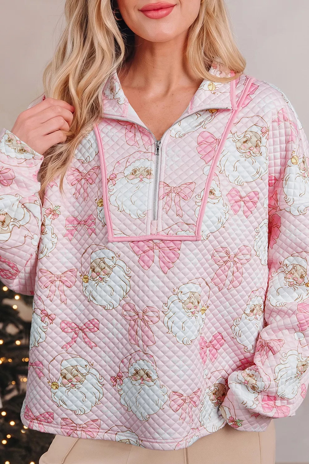 Pink Santa print christmas print quarter-zip sweatshirt — front view