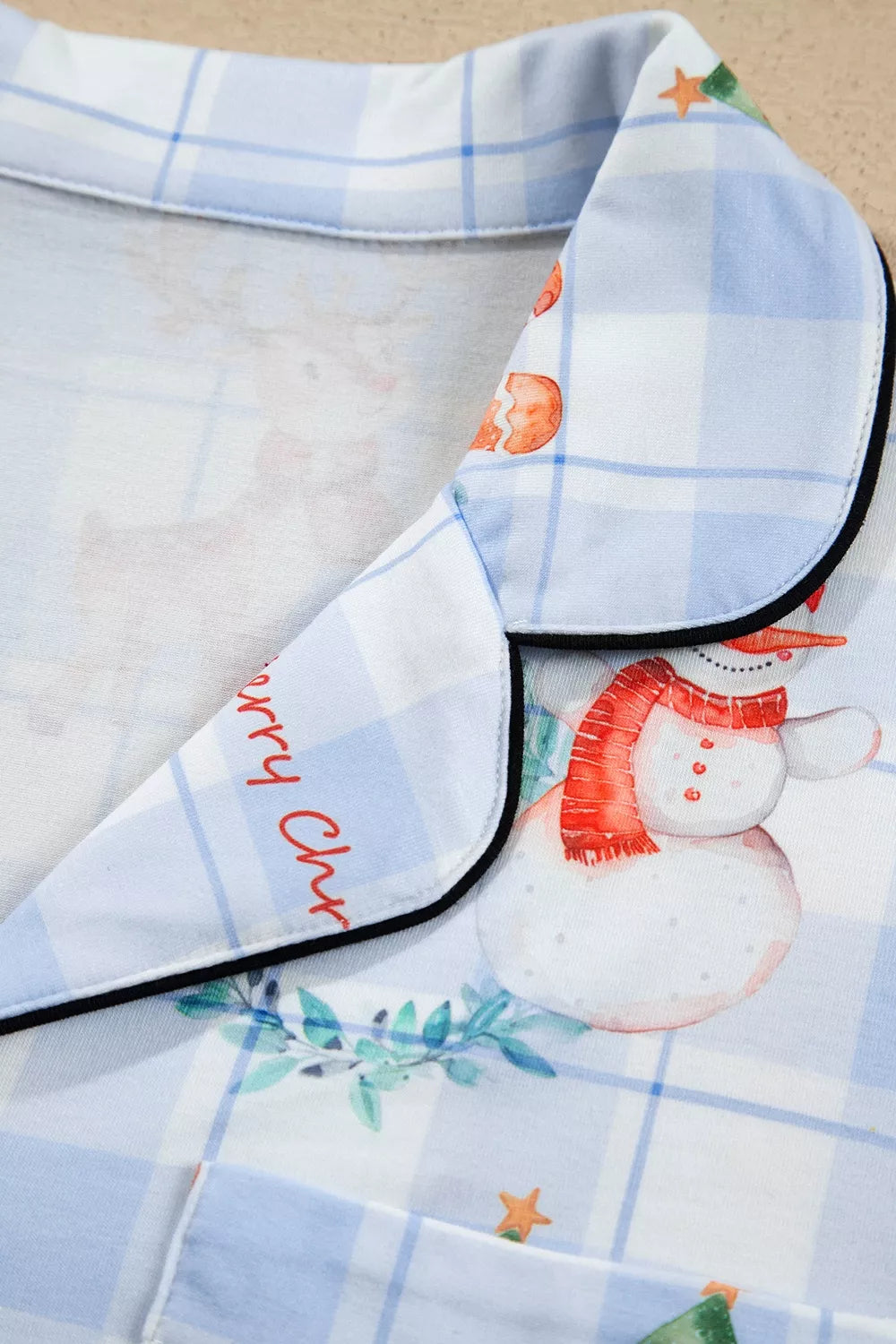 Light blue Christmas print plaid pajama set, collar detail