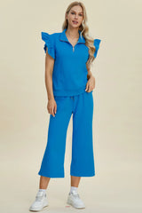 Trendsi Double Take Full Size Texture Ruffle Short Sleeve Top and Wide Leg Pants Set -