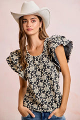 Trendsi BiBi Floral Jacquard Ruffle Sleeves Knit Top -