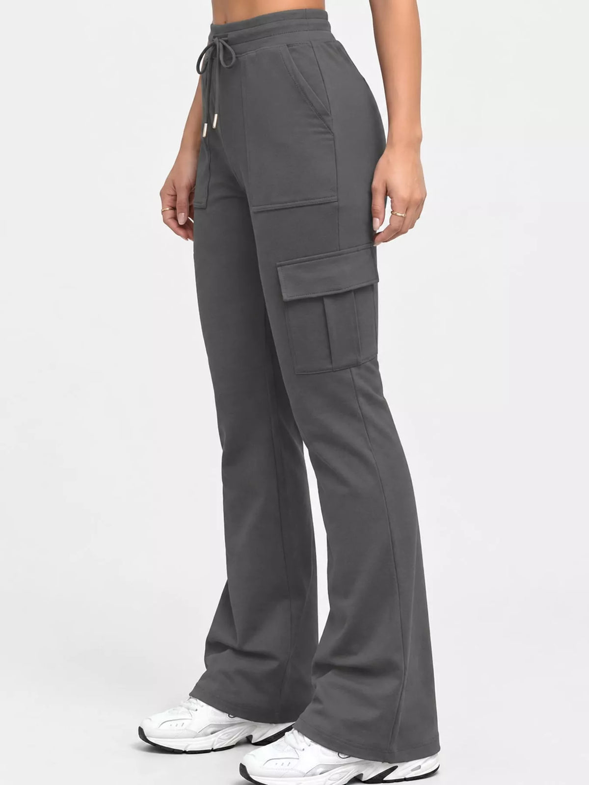 Gray high-waisted slim-fit cargo flare pants with drawstring