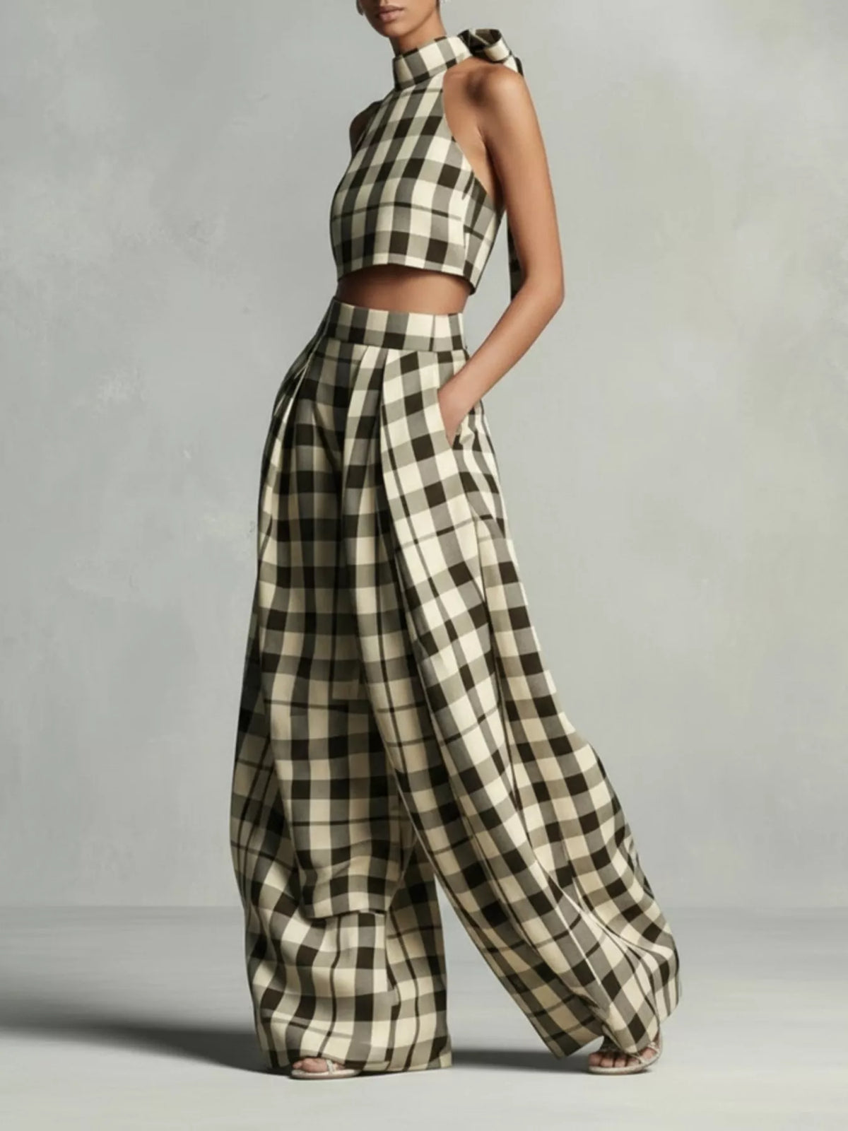 Plaid halter crop top and wide-leg pants set