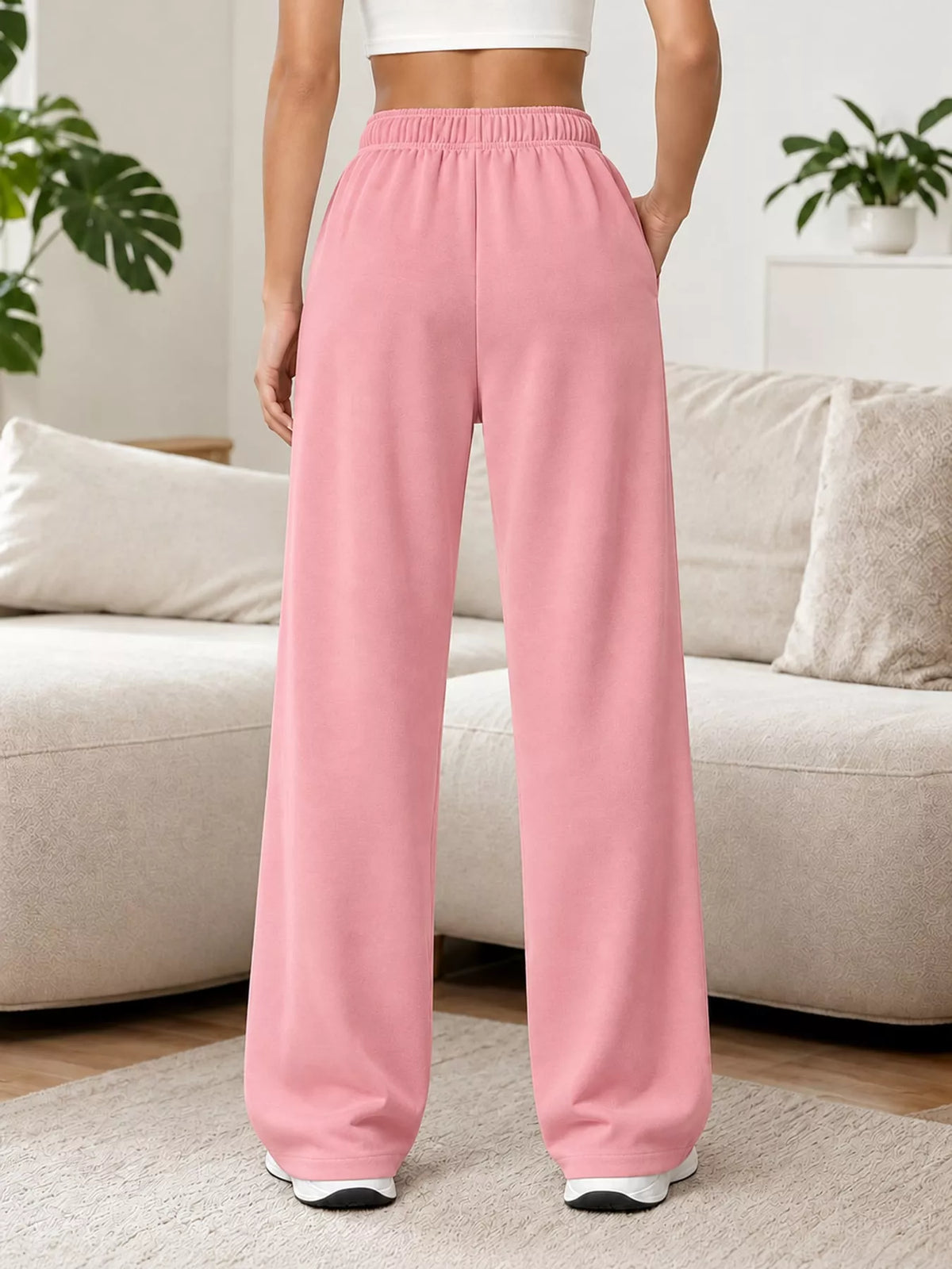 Pink wide-leg pants with drawstring