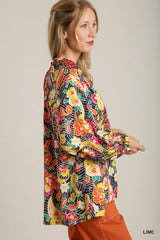 Trendsi Umgee Full Size Satin Paisley Ruffle Neck Button-Up Shirt Plus Size -